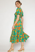 Load image into Gallery viewer, Green Floral Puff Sleeve Cut Out Midi Dress
