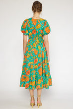 Load image into Gallery viewer, Green Floral Puff Sleeve Cut Out Midi Dress
