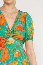 Load image into Gallery viewer, Green Floral Puff Sleeve Cut Out Midi Dress
