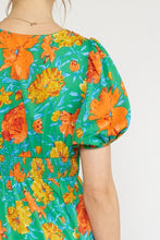 Load image into Gallery viewer, Green Floral Puff Sleeve Cut Out Midi Dress
