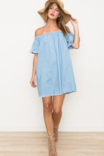 Load image into Gallery viewer, Chambray Ruffle Off the Shoulder Dress
