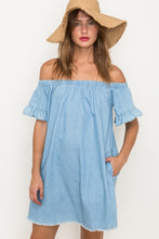 Load image into Gallery viewer, Chambray Ruffle Off the Shoulder Dress

