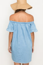 Load image into Gallery viewer, Chambray Ruffle Off the Shoulder Dress
