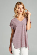 Load image into Gallery viewer, Burgundy Stripe Rollsleeve Knit Tee
