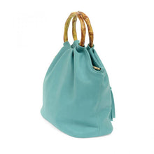 Load image into Gallery viewer, Aqua Bamboo Handle Pouf Bag
