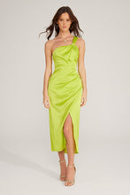 Load image into Gallery viewer, Electric Yellow Satin One-Shoulder Midi Dress
