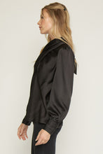 Load image into Gallery viewer, Black Satin Cross Front Long Sleeve Blouse
